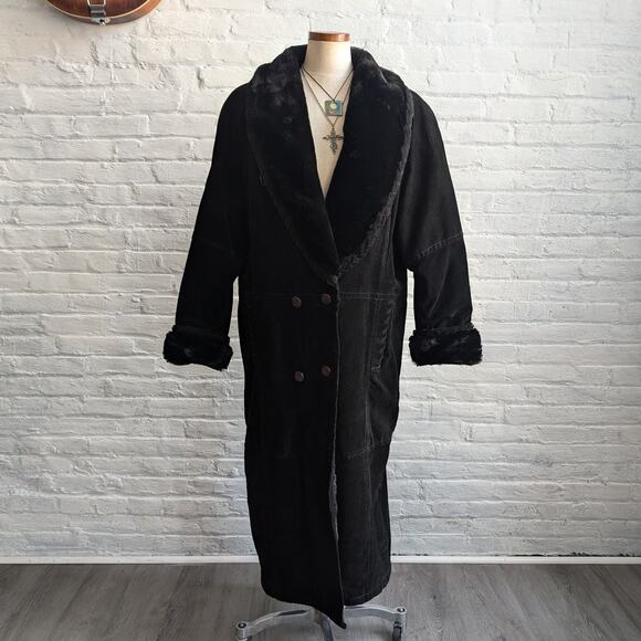 Vintage Black Suede Faux Fur Trench Coat Penny Lane Minimalist Leather Jacket - Picture 1 of 11